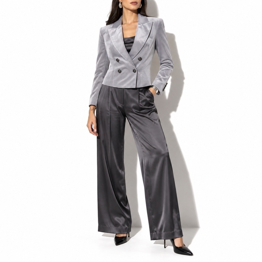 WHBM Light Gray Velvet Blazer Womens 8 Peak Lapel Double Breasted Cropped Jacket